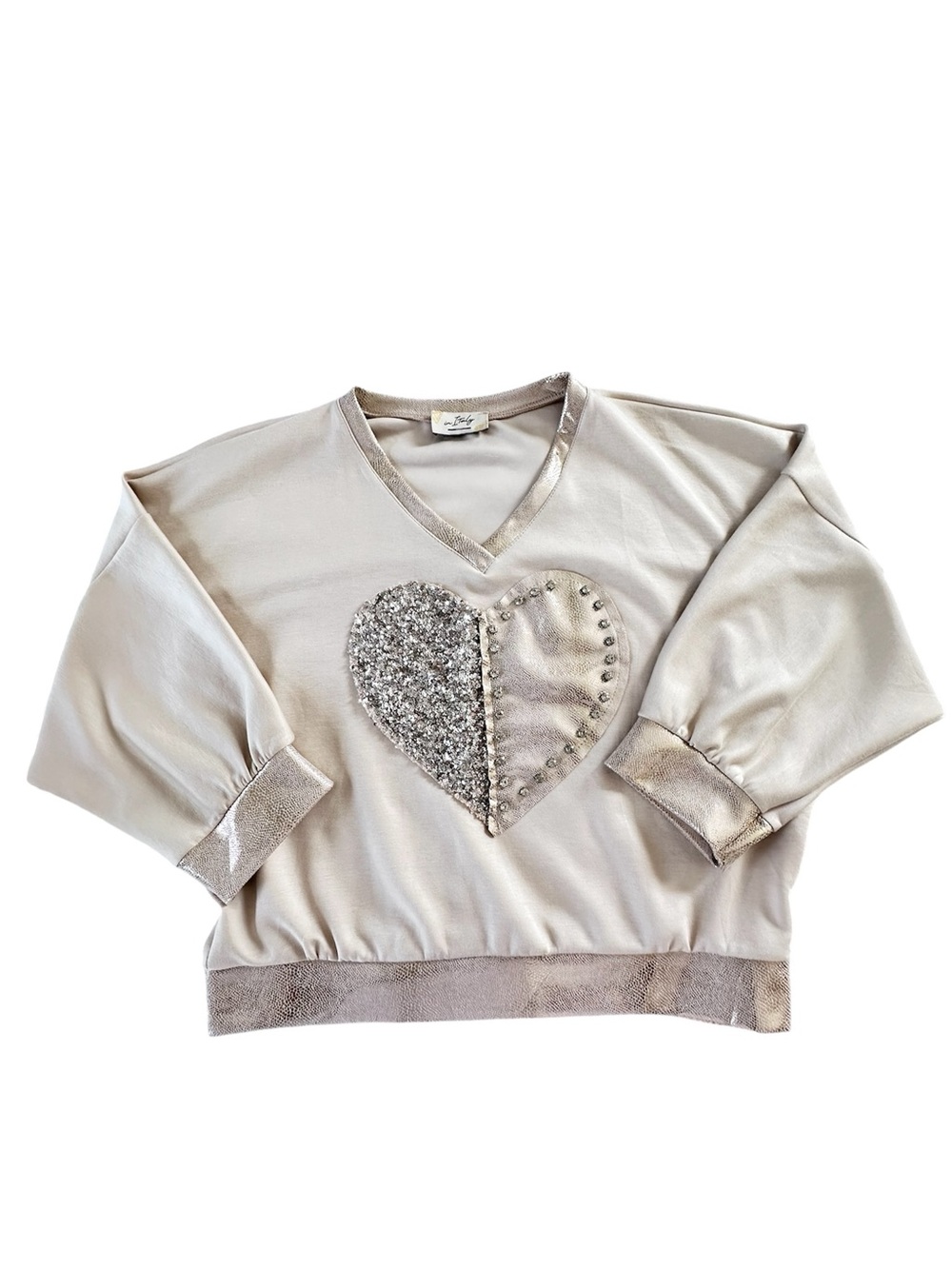 In Italy women Metallic Heart Pullover Top - Shimmery Cream Size M